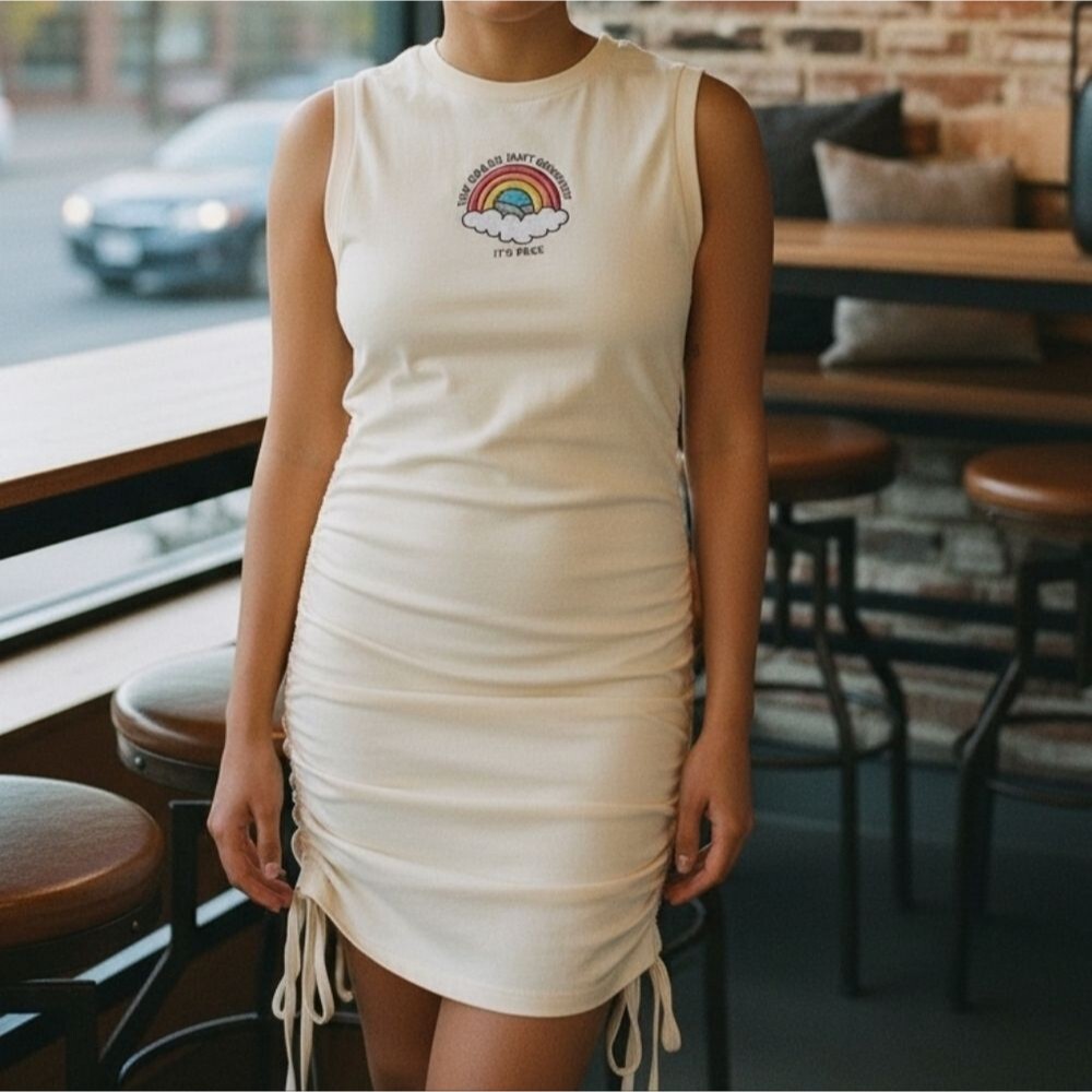 A.LAB Cherise cream cinched mini dress rainbow graphic sideties sleeveless Small